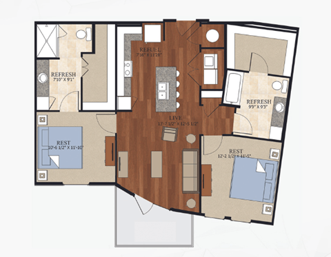 Floor plan for 2 beds, 2 baths, 1054 sqft